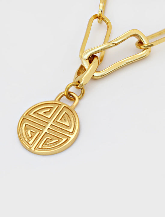 Asian Inspired Minimalist 2 Way Convertible Lucky Charm Coin Four Blessings Pendant With A Paperclip Link Chain Statement Bold Thick Chunky Layering Stacking Rectangular Bracelet in 18K Gold Vermeil With Sterling Silver base by Sonia Hou, a celebrity AAPI Chinese demi-fine jewelry designer