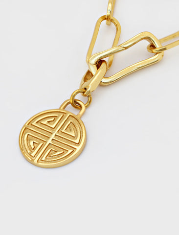 Image Title Asian Inspired Minimalist 2 Way Convertible Lucky Charm Coin Four Blessings Pendant With A Paperclip Link Chain Statement Bold Thick Chunky Layering Stacking Rectangular Bracelet in 18K Gold Vermeil With Sterling Silver base by Sonia Hou, a celebrity AAPI Chinese demi-fine jewelry designer