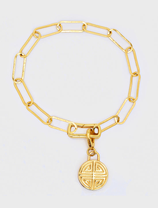  Asian Inspired Minimalist 2 Way Convertible Lucky Charm Coin Four Blessings Pendant With A Paperclip Link Chain Statement Bold Thick Chunky Layering Stacking Statement Rectangular Bracelet in 18K Gold Vermeil With Sterling Silver base by Sonia Hou, a celebrity AAPI Chinese demi-fine jewelry designer