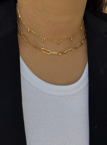 Image Title Female model wearing gender neutral Asian Inspired Lucky Charm Four Blessings 3-Way Convertible Coin Pendant with a Large Paperclip Link Chain Statement Bold Thick Chunky Layering Stacking Rectangular Necklace in 18K Gold Vermeil Over Sterling Silver by Sonia Hou, a celebrity AAPI Chinese demi-fine jewelry designer