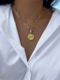 Image Title Female model wearing gender neutral Asian Inspired Lucky Charm Four Blessings 3-Way Convertible Coin Pendant with a Large Paperclip Link Chain Statement Bold Thick Chunky Layering Stacking Rectangular Necklace in 18K Gold Vermeil Over Sterling Silver by Sonia Hou, a celebrity AAPI Chinese demi-fine jewelry designer