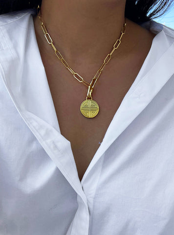 Image Title Female model wearing gender neutral Asian Inspired Lucky Charm Four Blessings 3-Way Convertible Coin Pendant with a Large Paperclip Link Chain Statement Bold Thick Chunky Layering Stacking Rectangular Necklace in 18K Gold Vermeil Over Sterling Silver by Sonia Hou, a celebrity AAPI Chinese demi-fine jewelry designer