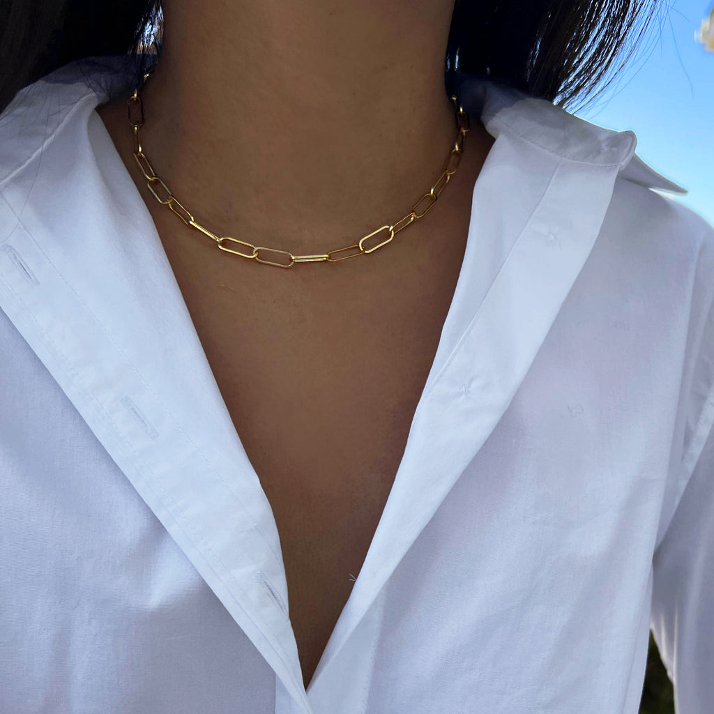 Image Title Female model wearing gender neutral Asian Inspired Lucky Charm Four Blessings 3-Way Convertible Coin Pendant with a Large Paperclip Link Chain Statement Bold Thick Chunky Layering Stacking Rectangular Necklace in 18K Gold Vermeil Over Sterling Silver by Sonia Hou, a celebrity AAPI Chinese demi-fine jewelry designer