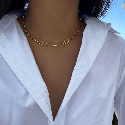 Image Title Female model wearing gender neutral Asian Inspired Lucky Charm Four Blessings 3-Way Convertible Coin Pendant with a Large Paperclip Link Chain Statement Bold Thick Chunky Layering Stacking Rectangular Necklace in 18K Gold Vermeil Over Sterling Silver by Sonia Hou, a celebrity AAPI Chinese demi-fine jewelry designer