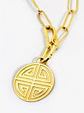 Image Title Gender neutral Asian Inspired Lucky Charm Four Blessings 3-Way Convertible Coin Pendant with a Large Paperclip Link Chain Statement Bold Thick Chunky Layering Stacking Rectangular Necklace in 18K Gold Vermeil Over Sterling Silver by Sonia Hou, a celebrity AAPI Chinese demi-fine jewelry designer