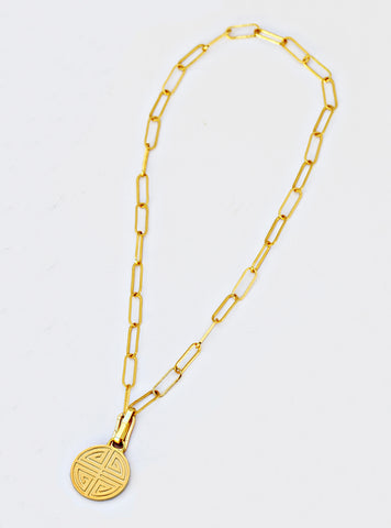 Image Title Gender neutral Asian Inspired Lucky Charm Four Blessings 3-Way Convertible Coin Pendant with a Large Paperclip Link Chain Statement Bold Thick Chunky Layering Stacking Rectangular Necklace in 18K Gold Vermeil Over Sterling Silver by Sonia Hou, a celebrity AAPI Chinese demi-fine jewelry designer