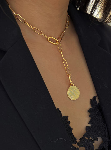Image Title Female model wearing gender neutral Asian Inspired Lucky Charm Four Blessings 3-Way Convertible Coin Pendant with a Large Paperclip Link Chain Statement Bold Thick Chunky Layering Stacking Rectangular Y Necklace in 18K Gold Vermeil Over Sterling Silver by Sonia Hou, a celebrity AAPI Chinese demi-fine jewelry designer