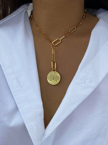 Image Title Female model wearing gender neutral Asian Inspired Lucky Charm Four Blessings 3-Way Convertible Coin Pendant with a Large Paperclip Link Chain Statement Bold Thick Chunky Layering Stacking Rectangular Y Necklace in 18K Gold Vermeil Over Sterling Silver by Sonia Hou, a celebrity AAPI Chinese demi-fine jewelry designer