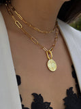 Image Title Female model wearing gender neutral Asian Inspired Lucky Charm Four Blessings 3-Way Convertible Coin Pendant with a Large Paperclip Link Chain Statement Bold Thick Chunky Layering Stacking Rectangular Necklace in 18K Gold Vermeil Over Sterling Silver by Sonia Hou, a celebrity AAPI Chinese demi-fine jewelry designer