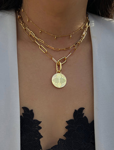Image Title Female model wearing gender neutral Asian Inspired Lucky Charm Four Blessings 3-Way Convertible Coin Pendant with a Large Paperclip Link Chain Statement Bold Thick Chunky Layering Stacking Rectangular Necklace in 18K Gold Vermeil Over Sterling Silver by Sonia Hou, a celebrity AAPI Chinese demi-fine jewelry designer