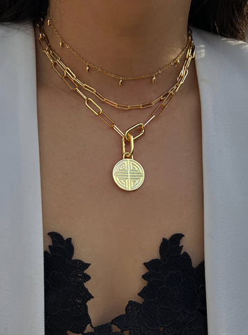 Image Title Female model wearing gender neutral Asian Inspired Lucky Charm Four Blessings 3-Way Convertible Coin Pendant with a Large Paperclip Link Chain Statement Bold Thick Chunky Layering Stacking Rectangular Necklace in 18K Gold Vermeil Over Sterling Silver by Sonia Hou, a celebrity AAPI Chinese demi-fine jewelry designer