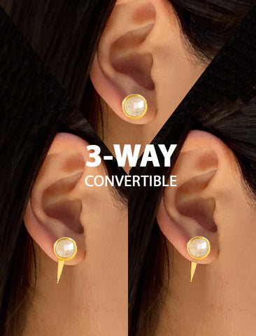Image Title Woman model wearing luxe minimalist small or big FIRE 3-Way Convertible Geometric White Quartz Gemstone Round Stud Triangle Spike Earring Jackets in 24K Gold by Sonia Hou, a celebrity AAPI Chinese demi-fine fashion costume jewelry designer. Actress Jessica Alba wore these similar modern spike ear jackets.