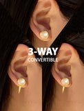 Image Title Woman model wearing luxe minimalist small or big FIRE 3-Way Convertible Geometric White Quartz Gemstone Round Stud Triangle Spike Earring Jackets in 24K Gold by Sonia Hou, a celebrity AAPI Chinese demi-fine fashion costume jewelry designer. Actress Jessica Alba wore these similar modern spike ear jackets.