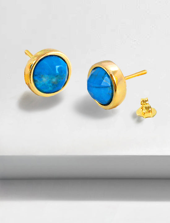Luxe minimalist small or big FIRE 3-Way Convertible Turquoise Gemstone Round Stud earrings in 24K Gold by Sonia Hou, a celebrity AAPI Asian Chinese demi-fine fashion costume jewelry designer. 