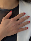 Image Title Female model wearing Asian Inspired Thin Wavy Ramen Noodle Stacking Ring in 18K Rose Gold Vermeil with Sterling Silver base by Sonia Hou, a celebrity AAPI Chinese demi-fine jewelry designer