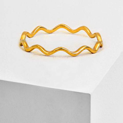 Image Title Asian Inspired Thin Wavy Ramen Noodle Stacking Ring in 18K Gold Vermeil with Sterling Silver base by Sonia Hou, a celebrity AAPI Chinese demi-fine jewelry designer