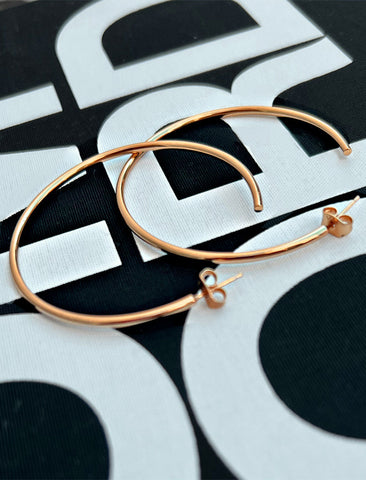Image Title Big medium large thin round circle PERFECT 50mm 2 inch hoop stacking lightweight everyday statement earrings in 18K Rose Gold Vermeil With 925 Sterling Silver base by Sonia Hou, a celebrity AAPI Chinese demi-fine jewelry designer