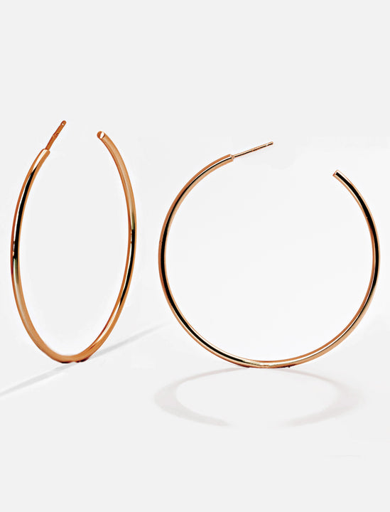 Big medium large thin round circle PERFECT 50mm or 2 inch hoop stacking lightweight everyday statement earrings in 18K rose gold vermeil with a 925 Sterling Silver base by Sonia Hou, a celebrity AAPI Chinese demi-fine jewelry designer