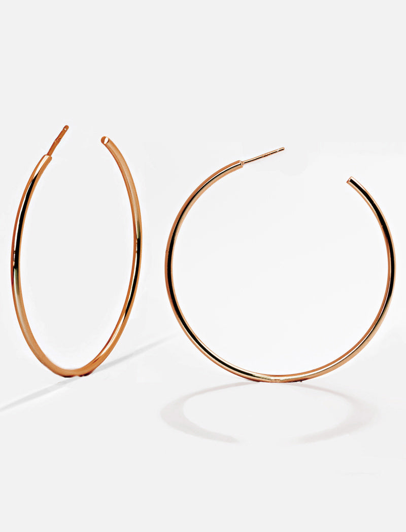 Image Title Big medium large thin round circle PERFECT 50mm 2 inch hoop stacking lightweight everyday statement earrings in 18K Rose Gold Vermeil With 925 Sterling Silver base by Sonia Hou, a celebrity AAPI Chinese demi-fine jewelry designer