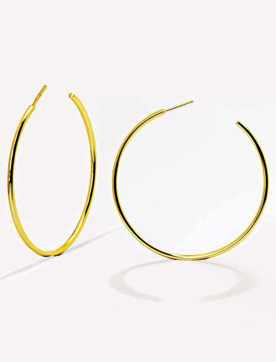 Big medium large thin round circle PERFECT 50mm or 2 inch hoop stacking lightweight everyday statement earrings in 18K gold vermeil with a 925 Sterling Silver base by Sonia Hou, a celebrity AAPI Chinese demi-fine jewelry designer