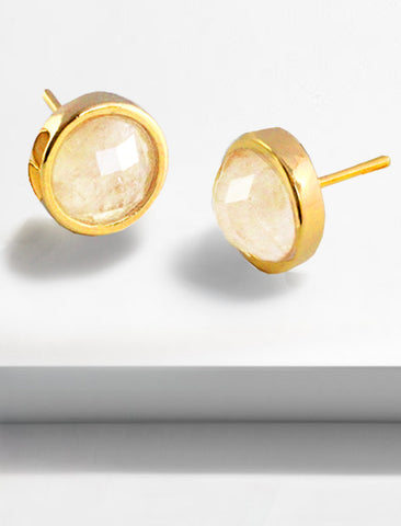 Image Title Luxe minimalist small or big FIRE 3-Way Convertible White Quartz Gemstone Round Stud earrings in 24K Gold by Sonia Hou, a celebrity AAPI Asian Chinese demi-fine fashion costume jewelry designer.