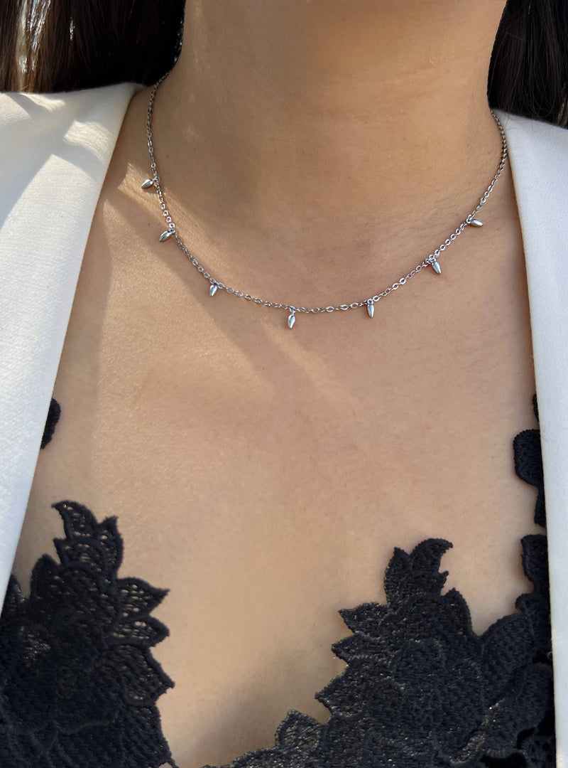 Image Title Female model wearing inclusive Asian Inspired Thin Rice Bead Minimalist Chain Layering Stacking Necklace in 925 Sterling Silver by Sonia Hou, a celebrity AAPI Chinese demi-fine jewelry designer