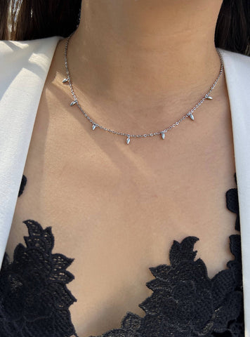 Image Title Female model wearing inclusive Asian Inspired Thin Rice Bead Minimalist Chain Layering Stacking Necklace in 925 Sterling Silver by Sonia Hou, a celebrity AAPI Chinese demi-fine jewelry designer