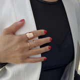 Image Title Female model wearing Asian Inspired Thin Wavy Ramen Noodle Stacking Ring in 18K Rose Gold Vermeil with Sterling Silver base by Sonia Hou, a celebrity AAPI Chinese demi-fine jewelry designer
