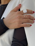 Image Title Female model wearing Asian Inspired Thin Wavy Ramen Noodle Stacking Ring in 925 Sterling Silver base by Sonia Hou, a celebrity AAPI Chinese demi-fine jewelry designer