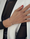 Image Title Female model wearing adjustable minimalist simple Success Thin Cuff Chunky Bold Layering Stacking Statement 2 Way convertible Bangle Cuff Open Bracelet in 925 sterling silver by Sonia Hou, a celebrity AAPI Chinese demi-fine fashion costume jewelry designer