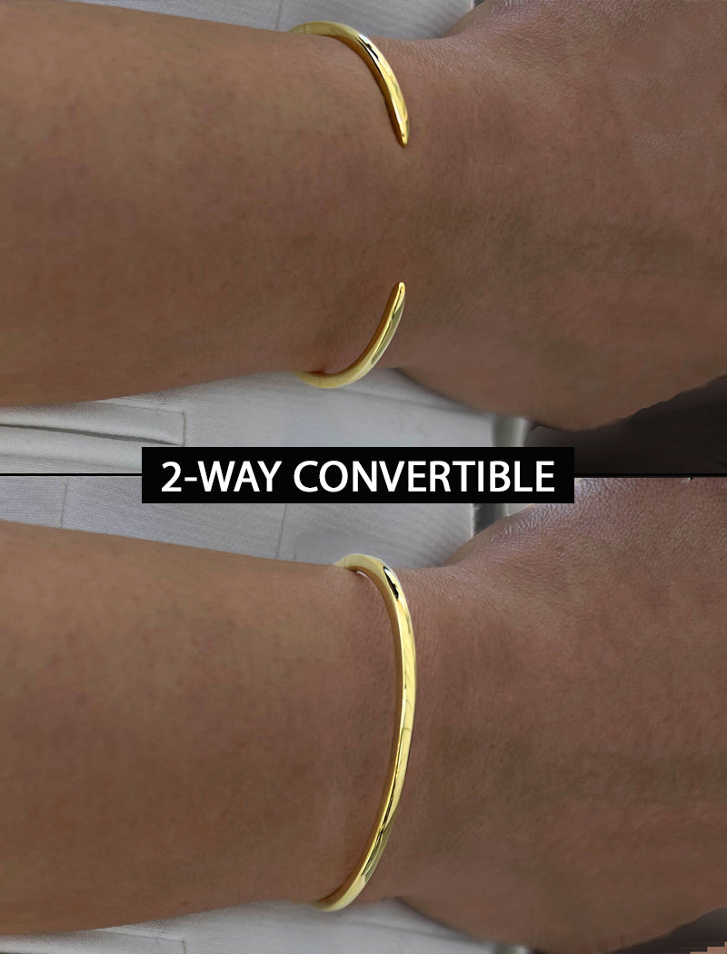 Image Title Female model wearing adjustable minimalist simple Success Thin Cuff Chunky Bold Layering Stacking Statement 2 Way convertible Bangle Cuff Open Bracelet in 18K Gold Vermeil with 925 sterling silver base by Sonia Hou, a celebrity AAPI Chinese demi-fine fashion costume jewelry designer