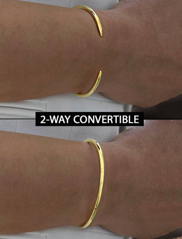 Image Title Female model wearing adjustable minimalist simple Success Thin Cuff Chunky Bold Layering Stacking Statement 2 Way convertible Bangle Cuff Open Bracelet in 18K Gold Vermeil with 925 sterling silver base by Sonia Hou, a celebrity AAPI Chinese demi-fine fashion costume jewelry designer