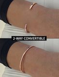Image Title Female model wearing adjustable minimalist simple Success Thin Cuff Chunky Bold Layering Stacking Statement 2 Way convertible Bangle Cuff Open Bracelet in 18K Rose Gold Vermeil with 925 sterling silver base by Sonia Hou, a celebrity AAPI Chinese demi-fine fashion costume jewelry designer