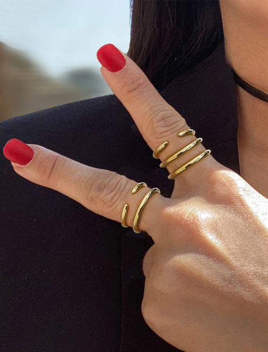 Female model wearing adjustable minimalist Success Simple Midi Thick Chunky Thin Bold Layering Stacking Statement 2 Way Convertible Band Open Ring in 925 sterling silver by Sonia Hou, a celebrity AAPI Chinese demi-fine fashion costume jewelry designer