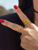 Image Title Female model wearing adjustable minimalist Success Simple Midi Thick Chunky Thin Bold Layering Stacking Statement 2 Way Convertible Band Open Ring in 18K Gold Vermeil with 925 sterling silver base by Sonia Hou, a celebrity AAPI Chinese demi-fine fashion costume jewelry designer