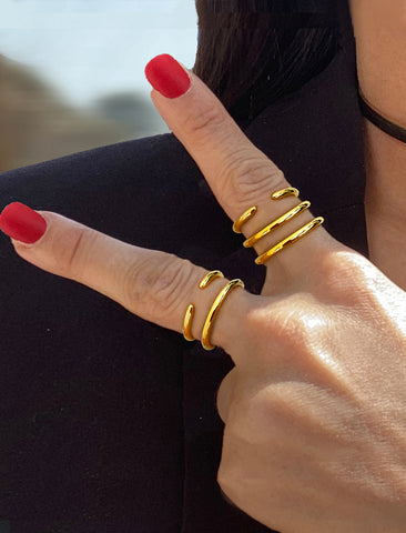 Image Title Female model wearing adjustable minimalist Success Simple Midi Thick Chunky Thin Bold Layering Stacking Statement 2 Way Convertible Band Open Ring in 18K Gold Vermeil with 925 sterling silver base by Sonia Hou, a celebrity AAPI Chinese demi-fine fashion costume jewelry designer