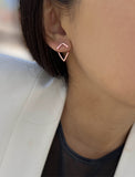Image Title Female model wearing small modern geometric minimalist simple 2-way convertible TRILL dainty wishbone diamond front back ear jacket stud earrings in 18K rose gold vermeil with 925 sterling silver base by Sonia Hou, a celebrity AAPI Chinese demi-fine fashion costume jewelry designer
