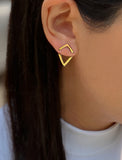 Female model wearing small modern geometric minimalist simple 2-way convertible TRILL dainty wishbone diamond front back ear jacket stud earrings in 18K gold vermeil with 925 sterling silver base by Sonia Hou, a celebrity AAPI Chinese demi-fine fashion costume jewelry designer