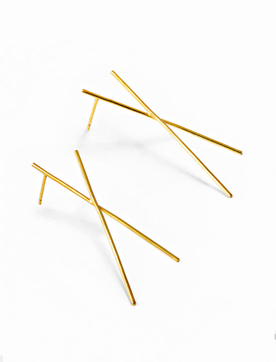 Asian Inspired Chopsticks Minimalist Long Thin Dangle Earrings in 18K Gold Vermeil With Sterling Silver base by Sonia Hou, a celebrity AAPI demi-fine jewelry designer. 