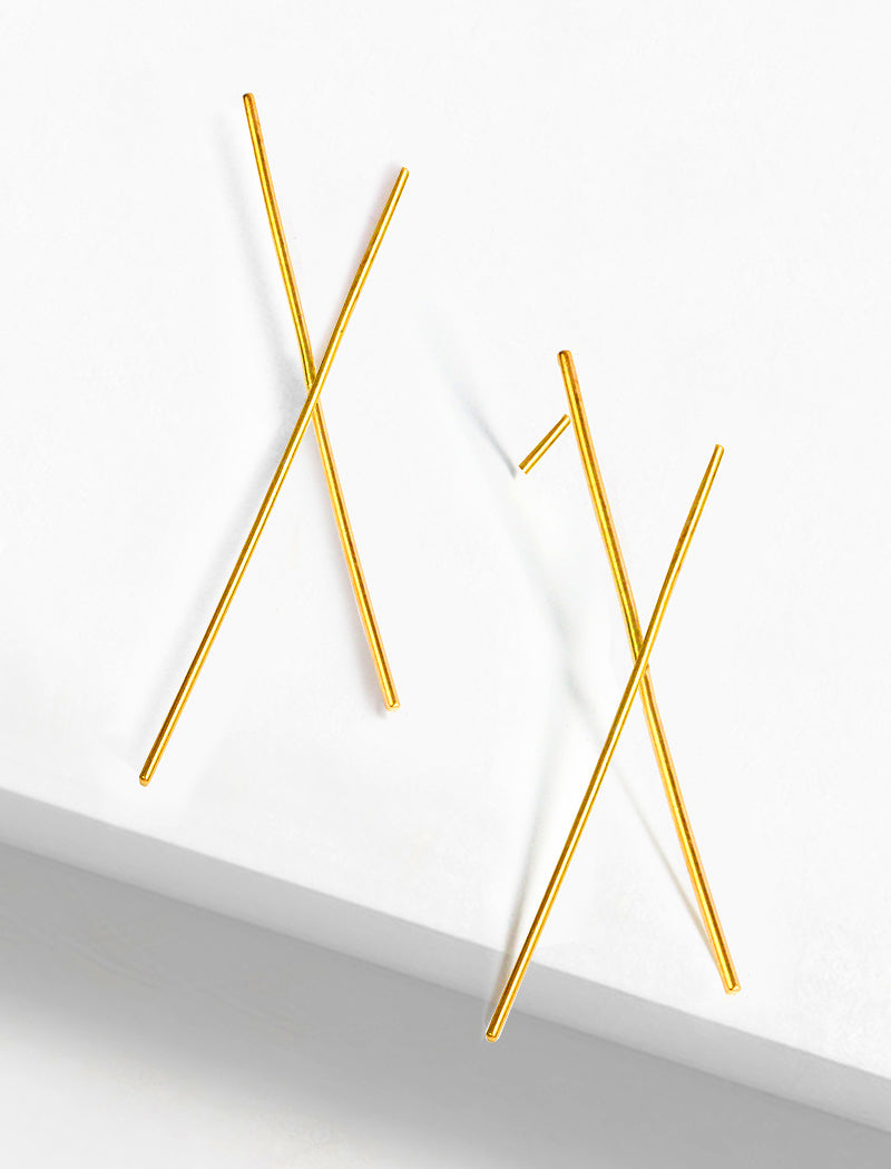 Asian Inspired Chopsticks Minimalist Long Thin Dangle Earrings in 18K Gold Vermeil With Sterling Silver base by Sonia Hou, a celebrity AAPI demi-fine jewelry designer. 