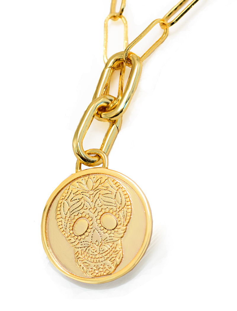 Gender neutral, culturally inclusive Day Of The Dead Mexican Sugar Skull Charm 3-Way Convertible Coin Pendant with a Large Paperclip Link Chain Statement Bold Thick Chunky Layering Stacking Rectangular Necklace in 18K Gold Vermeil Over Sterling Silver by Sonia Hou, a celebrity AAPI Chinese demi-fine jewelry designer. This holiday is also known as Dia De Los Muertos, and can also be worn for Halloween!