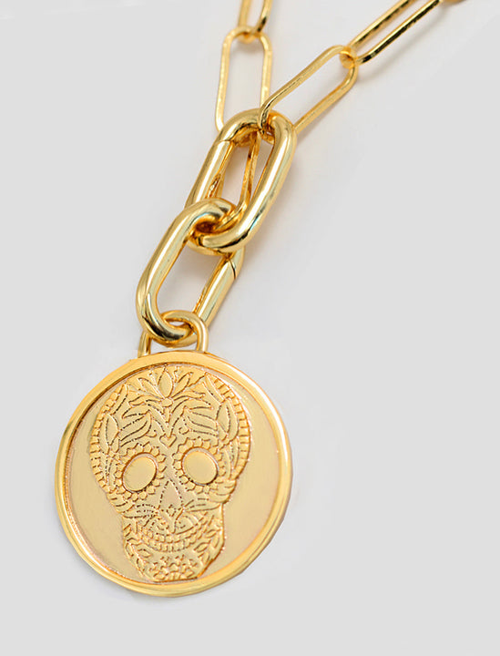 Gender neutral, culturally inclusive Day Of The Dead Mexican Sugar Skull Charm 3-Way Convertible Coin Pendant with a Large Paperclip Link Chain Statement Bold Thick Chunky Layering Stacking Rectangular Necklace in 18K Gold Vermeil Over Sterling Silver by Sonia Hou, a celebrity AAPI Chinese demi-fine jewelry designer. This holiday is also known as Dia De Los Muertos, and can also be worn for Halloween!