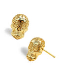 Culturally inclusive Day Of The Dead Mexican Sugar Skull Stud Earrings in 18K Gold over Sterling Silver by Sonia Hou, a celebrity AAPI Chinese demi-fine jewelry designer. This holiday is also known as Dia De Los Muertos, and can also be worn for Halloween!