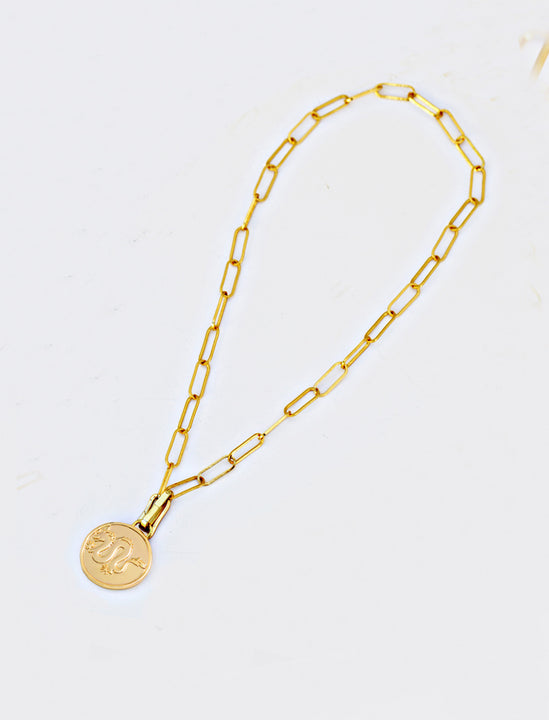 Gender neutral Asian Inspired Lucky Chinese Zodiac Dragon Charm 3-Way Convertible Coin Pendant with a Large Paperclip Link Chain Statement Bold Thick Chunky Layering Stacking Rectangular Necklace in 18K Gold Vermeil Over Sterling Silver by Sonia Hou, a celebrity AAPI Chinese demi-fine jewelry designer. Promotes good luck, wisdom, wealth, power and good fortune