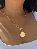 Female model wearing gender neutral Asian Inspired Lucky Chinese Zodiac Dragon Charm 3-Way Convertible Coin Pendant with a Large Paperclip Link Chain Statement Bold Thick Chunky Layering Stacking Rectangular Necklace in 18K Gold Vermeil Over Sterling Silver by Sonia Hou, a celebrity AAPI Chinese demi-fine jewelry designer. Promotes good luck, wisdom, wealth, power and good fortune