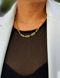 18K gold vermeil (sterling silver base) chain necklace on a person's neck.  Our medium Essential paperclip link chain necklace is perfect for everyday wear. Designed by AAPI celebrity jewelry designer SONIA HOU