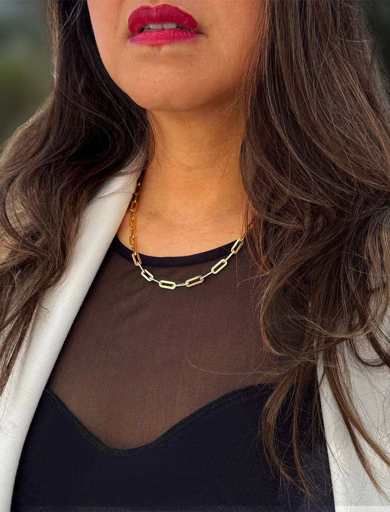 18K gold vermeil (sterling silver base) chain necklace on a person's neck.  Our medium Essential paperclip link chain necklace is perfect for everyday wear. Designed by AAPI celebrity jewelry designer SONIA HOU