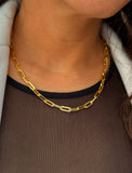 18K gold vermeil (sterling silver base) chain necklace on a person's neck.  Our medium Essential paperclip link chain necklace is perfect for everyday wear. Designed by AAPI celebrity jewelry designer SONIA HOU