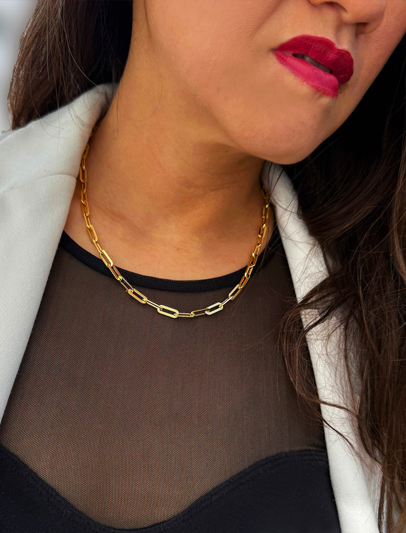 18K gold vermeil (sterling silver base) chain necklace on a person's neck.  Our medium Essential paperclip link chain necklace is perfect for everyday wear. Designed by AAPI celebrity jewelry designer SONIA HOU