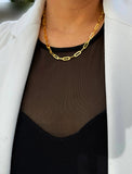 18K gold vermeil (sterling silver base) chain necklace on a person's neck.  Our medium Essential paperclip link chain necklace is perfect for everyday wear. Designed by AAPI celebrity jewelry designer SONIA HOU